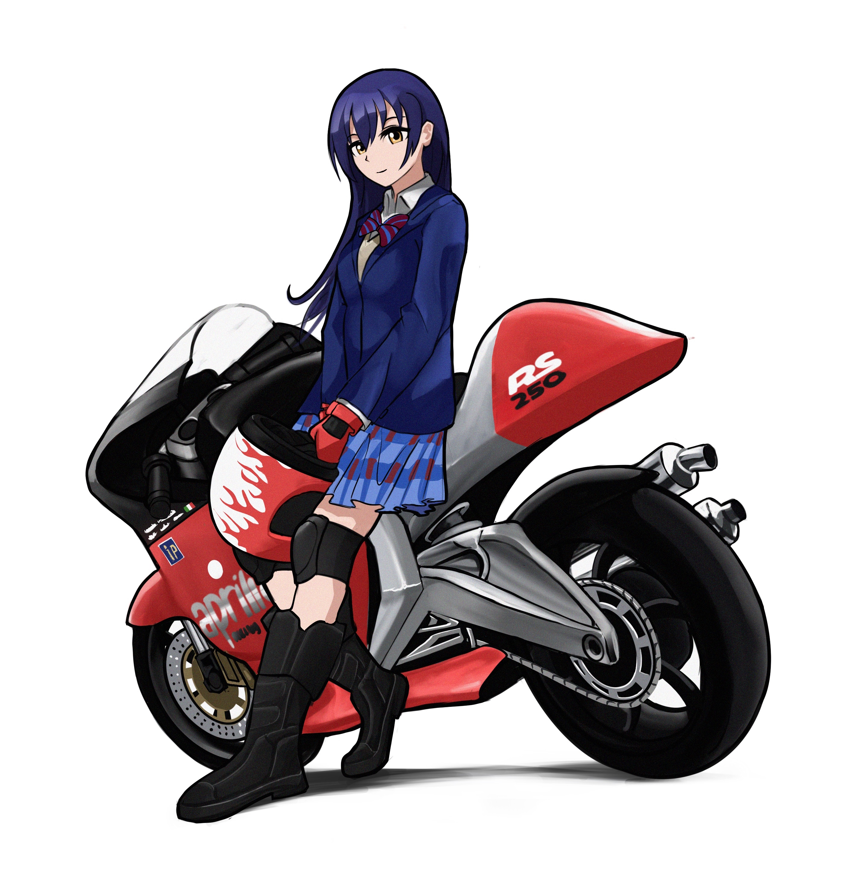 airfryer1892, sonoda umi, aprilia, love live!, love live! school idol project, absurdres, highres, 1girl, black boots, blazer, blue hair, blue jacket, blue skirt, boots, bow, bowtie, closed mouth, full body, gloves, helmet, holding, holding unworn helmet, jacket, knee guards, light smile, long hair, long sleeves, looking at viewer, motor vehicle, motorcycle, motorcycle helmet, otonokizaka school uniform, red gloves, school uniform, simple background, skirt, solo, standing, striped bow, striped bowtie, striped clothes, unworn headwear, unworn helmet, white background, yellow eyes