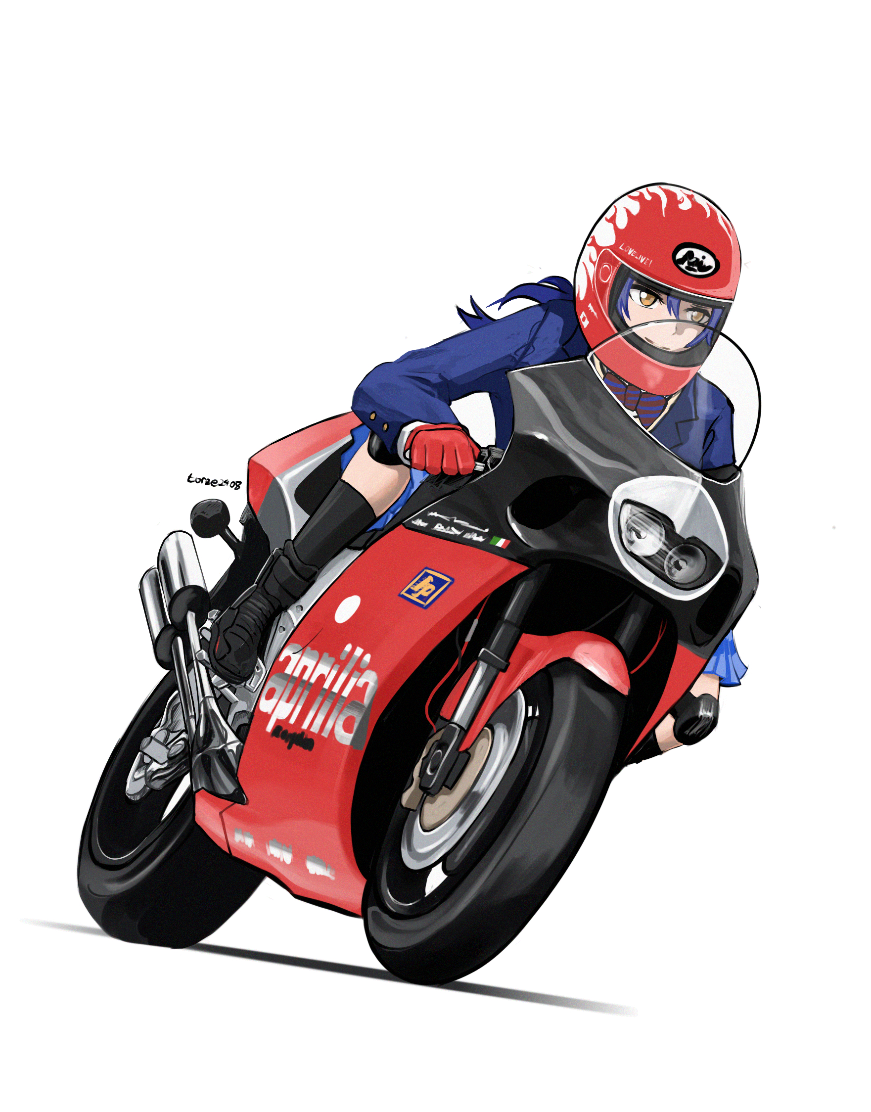 airfryer1892, sonoda umi, aprilia, love live!, love live! school idol project, highres, 1girl, black boots, blazer, blue hair, blue jacket, boots, bow, bowtie, closed mouth, full body, gloves, helmet, jacket, long hair, looking ahead, motor vehicle, motorcycle, motorcycle helmet, on motorcycle, otonokizaka school uniform, red gloves, riding, school uniform, simple background, solo, striped bow, striped bowtie, striped clothes, white background, winter uniform, yellow eyes