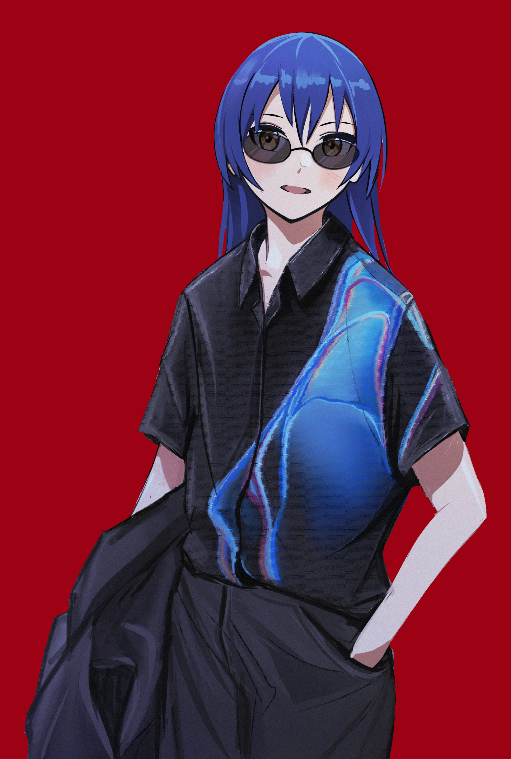 airfryer1892, sonoda umi, love live!, love live! school idol project, absurdres, highres, 1girl, black pants, black shirt, blue hair, collared shirt, cowboy shot, hand in pocket, holding, holding jacket, holding unworn clothes, jacket, long hair, looking at viewer, open mouth, pants, print shirt, red background, shirt, short sleeves, simple background, solo, standing, sunglasses, unworn jacket, yellow eyes