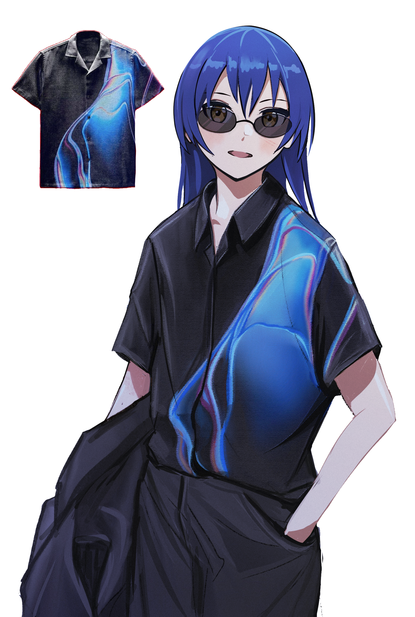 airfryer1892, sonoda umi, love live!, love live! school idol project, absurdres, highres, 1girl, black pants, black shirt, blue hair, collared shirt, cowboy shot, hand in pocket, holding, holding jacket, holding unworn clothes, jacket, long hair, looking at viewer, open mouth, pants, print shirt, reference inset, shirt, short sleeves, simple background, solo, standing, sunglasses, unworn jacket, white background, yellow eyes