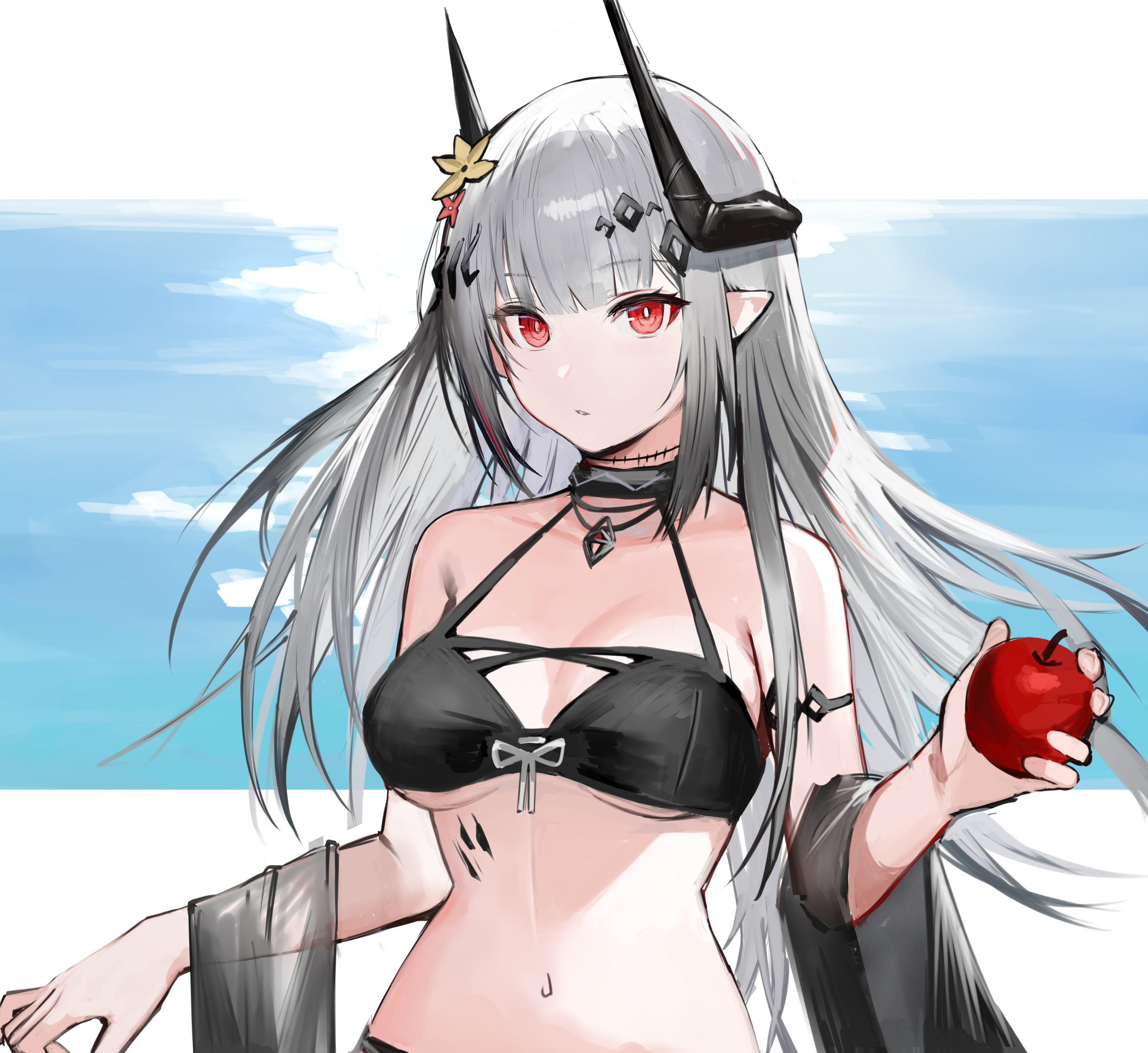 s 4ik4, mudrock (arknights), mudrock (silent night) (arknights), arknights, absurdres, commentary, highres, 1girl, apple, bikini, black bikini, black horns, breasts, bright pupils, cleavage, flower, food, fruit, grey hair, hair flower, hair ornament, holding, holding food, holding fruit, horns, linea alba, long hair, looking at viewer, material growth, medium breasts, navel, official alternate costume, orange flower, oripathy lesion (arknights), parted lips, pointy ears, red eyes, solo, swimsuit, upper body, white pupils, yellow flower