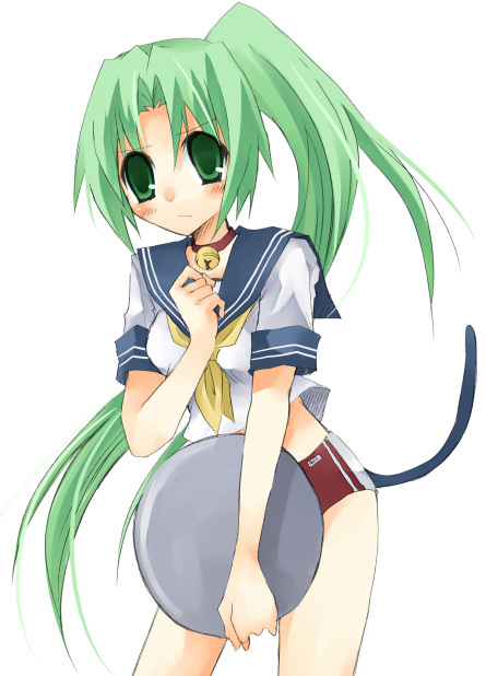 sonozaki mion, higurashi no naku koro ni, 00s, 1girl, bell, bloomers, cat tail, collar, female focus, green eyes, green hair, long hair, matching hair/eyes, necktie, ponytail, school uniform, serafuku, solo, tail, underwear