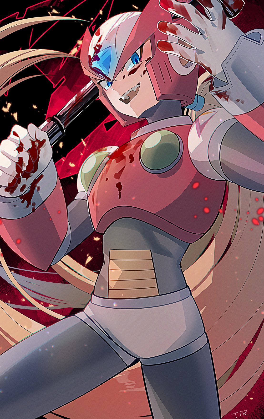 magatatara, zero (mega man), mega man (series), mega man x4, mega man x (series), highres, 1boy, armor, blonde hair, blood, blood on face, blue eyes, chest jewel, cowboy shot, fangs, forehead jewel, helmet, lead pipe, long hair, male focus, open mouth, red armor, red helmet, solo