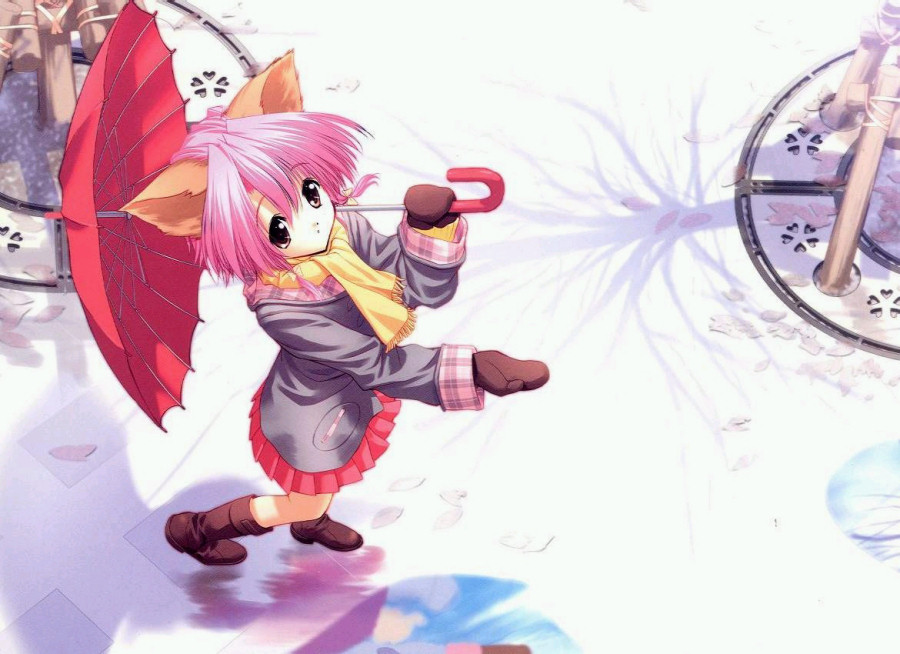 animal ears, boots, bow, cat ears, pink eyes, pink hair, scarf, short hair, skirt, umbrella
