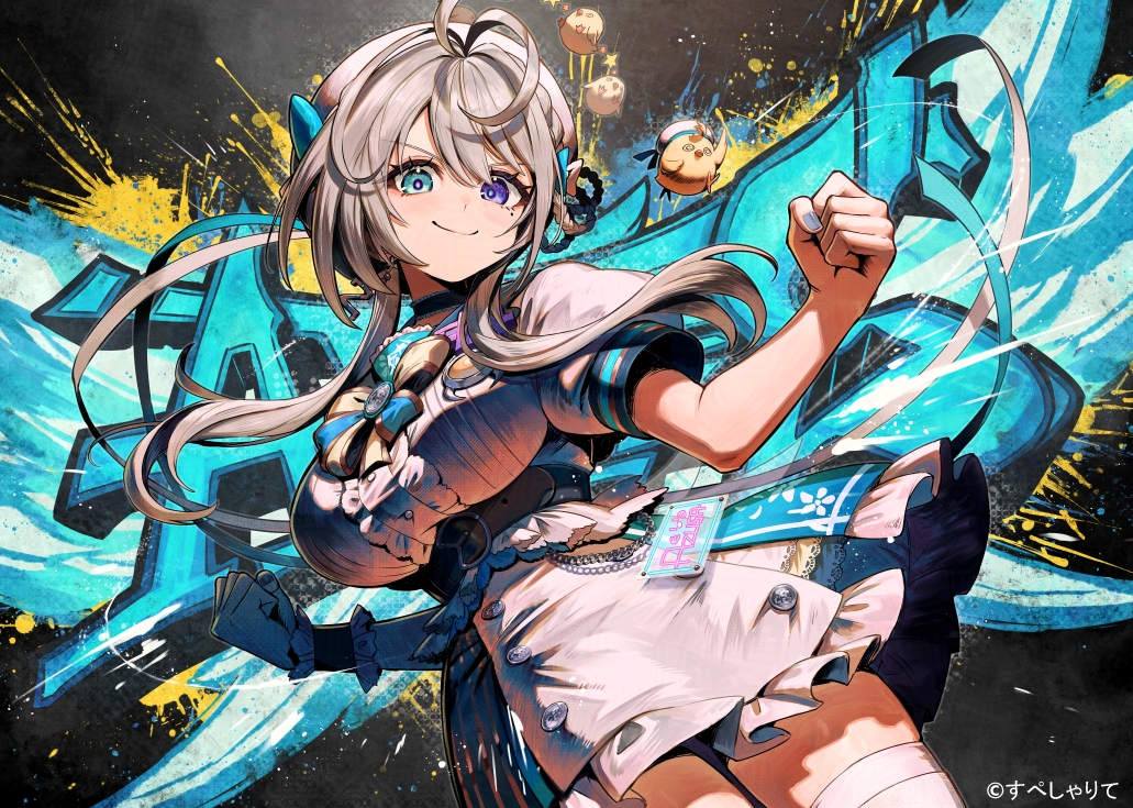 kuroi susumu, honami azusa, specialite (company), official art, 1girl, blonde hair, blue eyes, breasts, clenched hands, cowboy shot, dress, eyelashes, heterochromia, large breasts, mole, mole under eye, skindentation, solo, thighhighs, virtual youtuber, white dress, white thighhighs