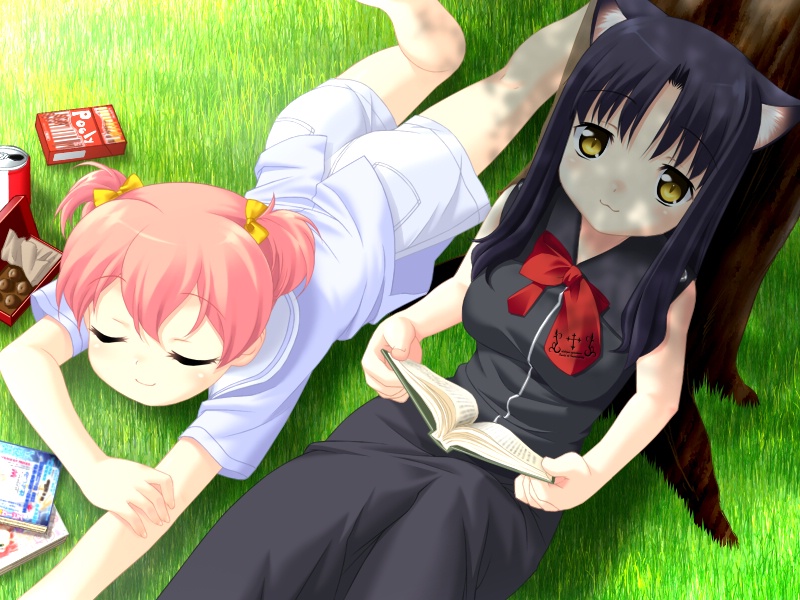 kuu (wanko), mutsuki kana, wanko to kurasou, game cg, 2girls, :3, animal ears, black hair, cat ears, flat chest, food, long hair, multiple girls, pink hair, pocky, short hair, shorts, yellow eyes