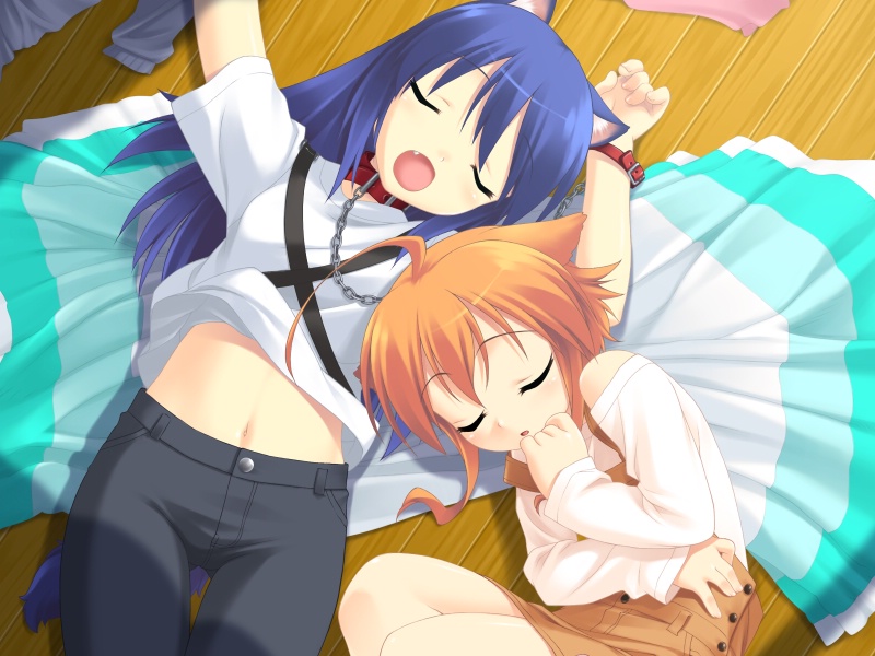 kotarou (wanko), mikan (wanko), wanko to kurasou, game cg, 2girls, ahoge, animal ears, belt, blue hair, chain, collar, dog ears, fang, flat chest, long hair, multiple girls, red hair, short hair, sleeping