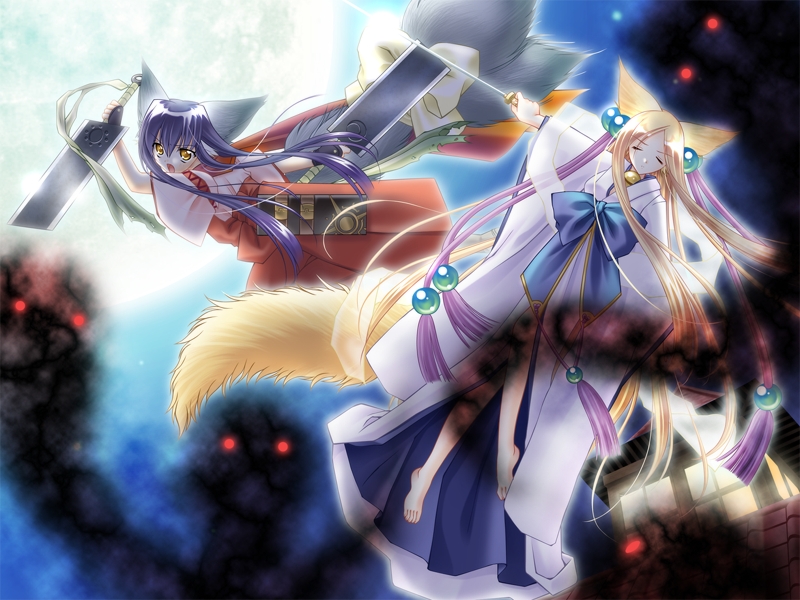 carnelian, game cg, 2girls, animal ears, barefoot, blonde hair, blue hair, cat ears, fox ears, japanese clothes, long hair, miko, multiple girls, nekomata, sky, sword, weapon, yellow eyes