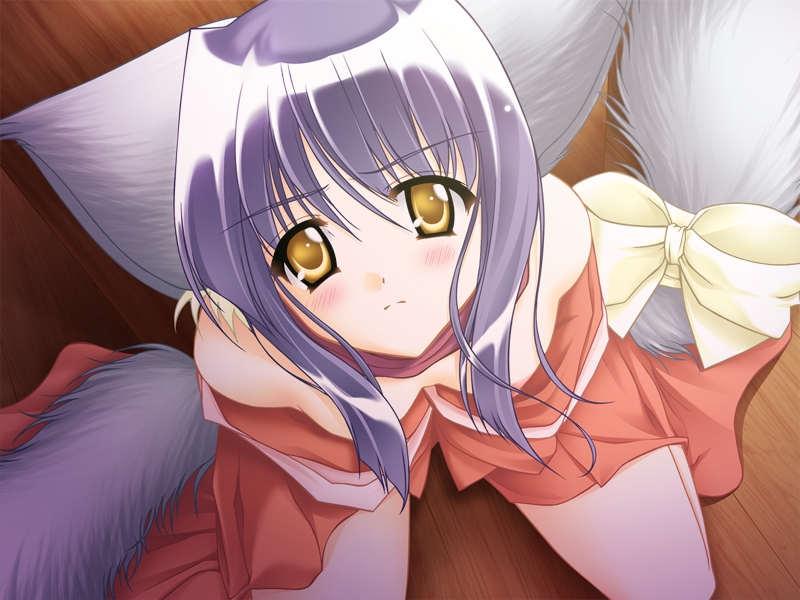carnelian, game cg, 1girl, animal ears, blue hair, blush, bow, cat ears, female focus, long hair, nekomata, purple hair, solo, yellow eyes