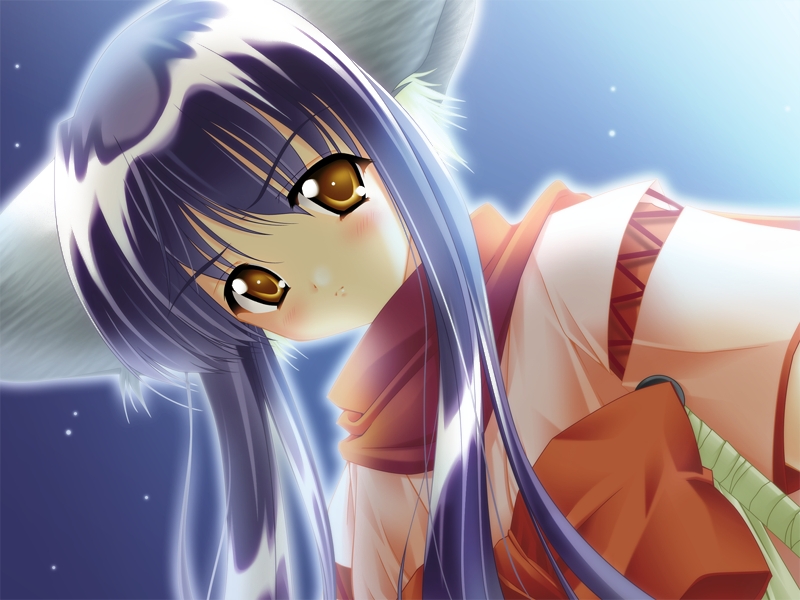 carnelian, game cg, 1girl, animal ears, blue hair, blush, cat ears, female focus, gradient background, long hair, nekomata, solo, yellow eyes