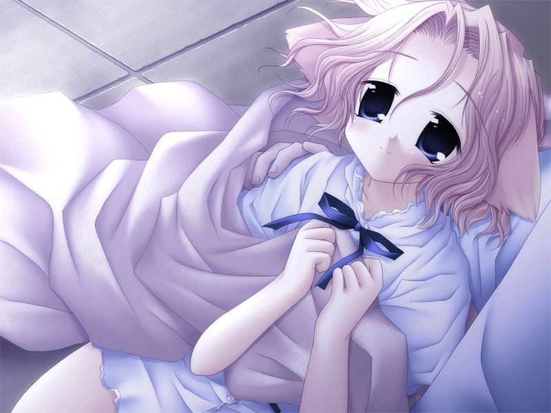 sakurazawa izumi, sachi (pure pure), pure pure, game cg, 1girl, animal ears, blanket, blonde hair, blue eyes, blush, bow, closed mouth, dog ears, dog girl, ribbon, shirt, short hair, smile, wavy hair, white shirt