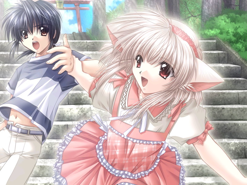 yamamoto kazue, natsu (onikagura), takimine mikiya, onikagura, game cg, 1boy, 1girl, animal ears, blonde hair, bow, dress, fox ears, lolita fashion, red eyes