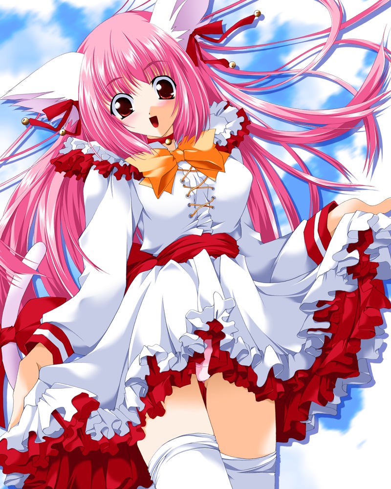 animal ears, bell, bow, cat ears, collar, dress, long hair, panties, pink hair, red eyes, school uniform, serafuku, thighhighs, underwear