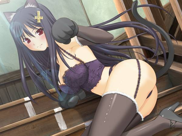 animal ears, black hair, blush, bra, cat ears, garter belt, gloves, high heels, lingerie, long hair, panties, red eyes, shoes, thighhighs, underwear