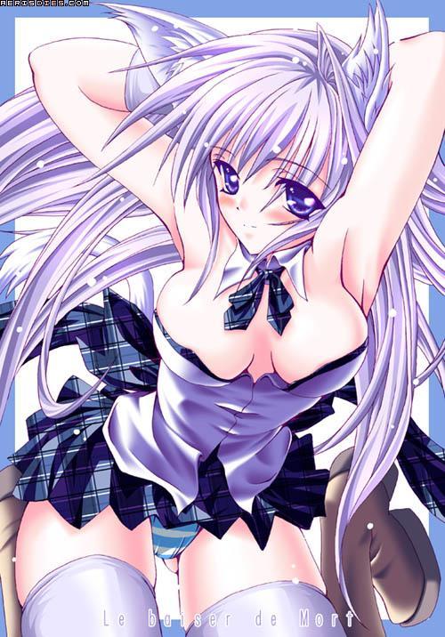 aerisdies, striped, animal ears, boots, cat ears, corset, gloves, long hair, panties, purple eyes, purple hair, skirt, striped panties, thighhighs, underwear, watermark
