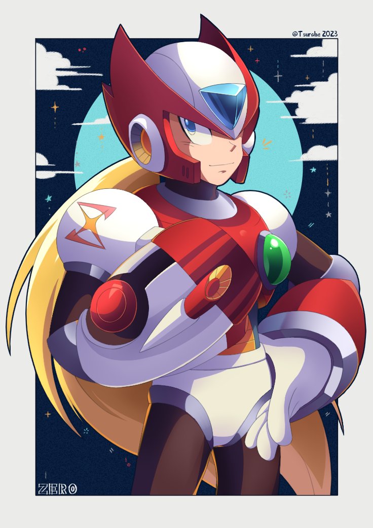 en dorzer, zero (mega man), mega man (series), mega man x1, mega man x (series), 1boy, android, arm cannon, armor, blonde hair, blue eyes, border, chest jewel, cowboy shot, forehead jewel, full moon, hand on own hip, helmet, long hair, male focus, moon, red armor, red helmet, solo, weapon, white border