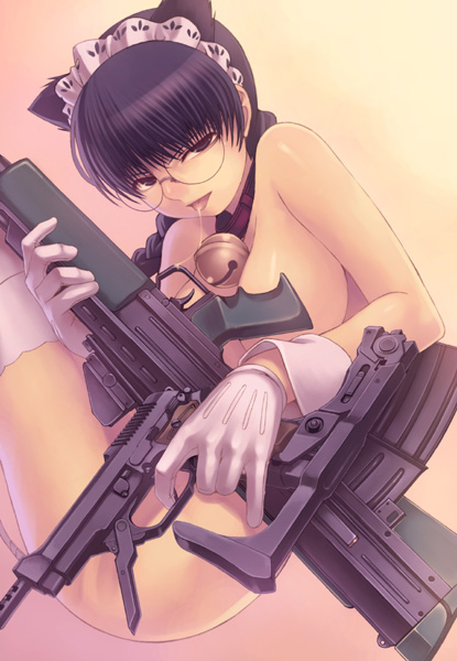 tasaka shinnosuke, roberta (black lagoon), black lagoon, machine pistol, rotated, 00s, 1girl, angled forward grip, animal ears, assault rifle, bell, beretta 93r, black eyes, black hair, black thighhighs, braid, breasts, bullpup, burst fire gun, burst fire pistol, cat ears, collar, female focus, folding stock, glasses, gloves, gun, handgun, hangun, l85, large breasts, long hair, machine gun, maid, maid headdress, neck bell, nude, pistol, plait, rifle, round eyewear, sa80, sa80 type, saliva, saliva trail, shoulder-stocked handgun, single braid, solo, squad automatic weapon, stechkin aps, stock (firearm), submachine gun, thighhighs, twin braids, twintails, vertical forward grip, weapon, white gloves, white thighhighs, white wrist cuffs, wrist cuffs