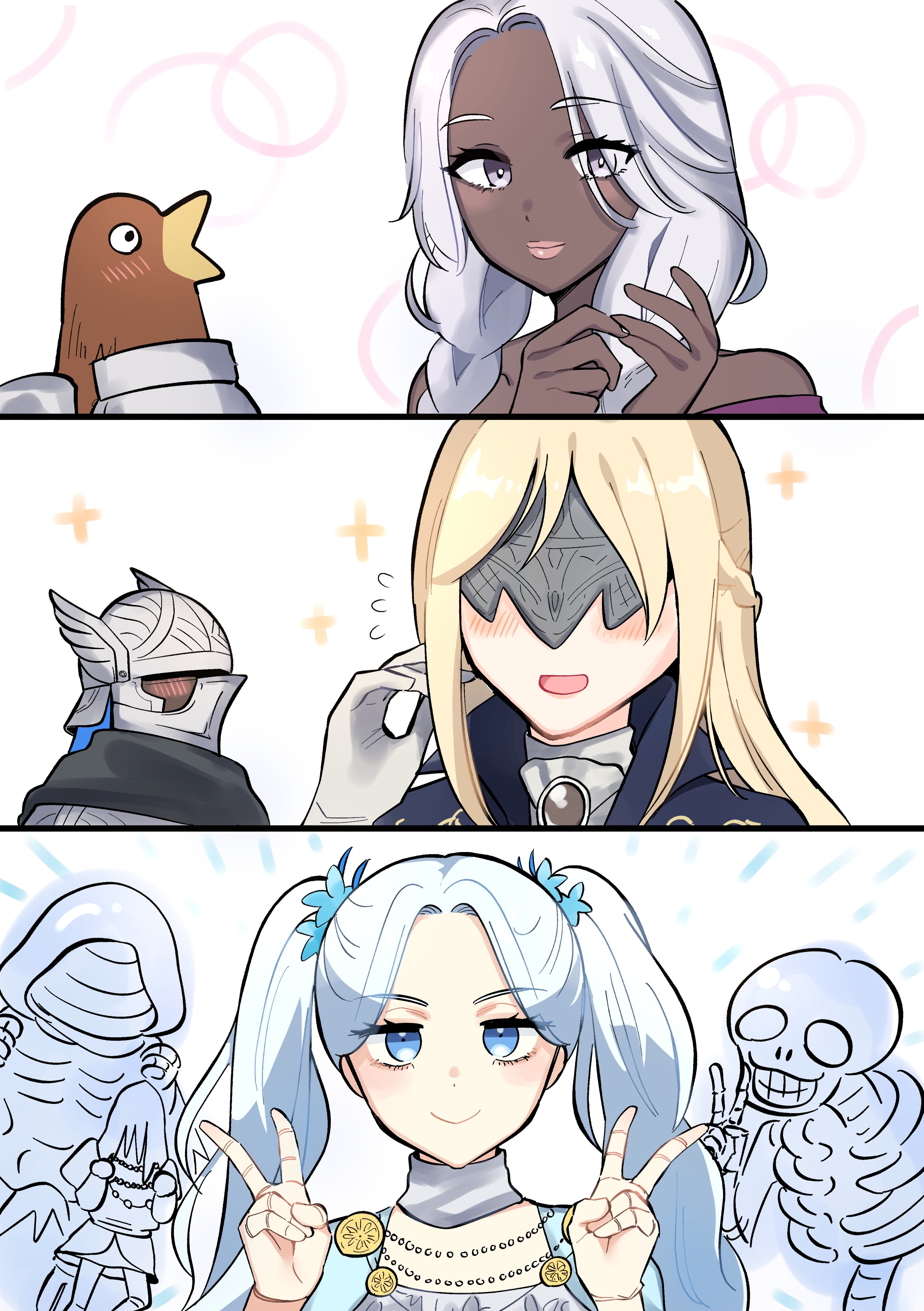 nijiomu, duchess (elden ring), guardian (elden ring), recluse (elden ring), revenant (elden ring), wylder (elden ring), elden ring, elden ring nightreign, absurdres, highres, 2boys, 3girls, animal head, ascot, bird boy, black skin, blonde hair, blue eyes, blue jacket, blush, closed mouth, colored skin, covered eyes, dark-skinned female, dark skin, doll joints, double v, eye mask, gloves, grey eyes, hand up, hands up, helmet, jacket, joints, long hair, looking at viewer, multiple boys, multiple girls, open mouth, parted bangs, profile, skeleton, smile, twintails, v, white ascot, white gloves, white hair, winged helmet