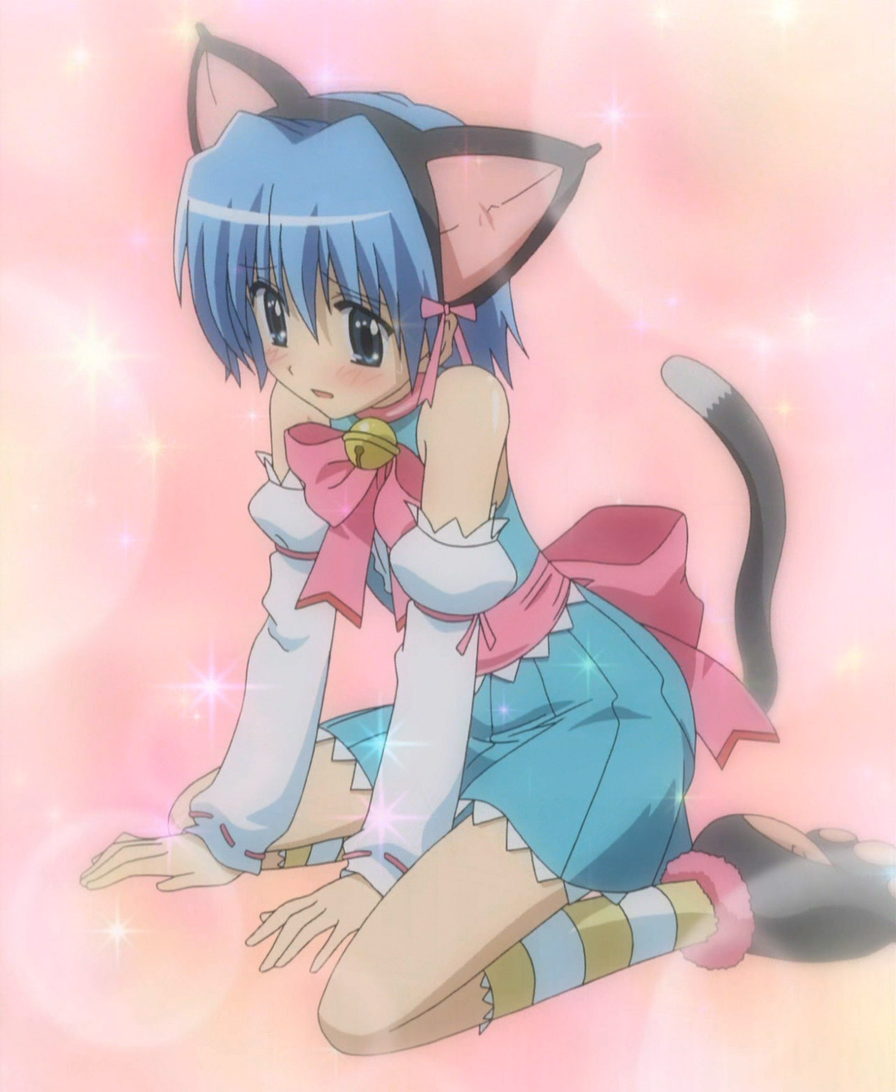 ayasaki hayate, hayate no gotoku!, anime screenshot, highres, 00s, 1boy, animal ears, bell, blue eyes, blue hair, blush, bow, cat boy, cat ears, cat tail, collar, crossdressing, crossdressing (mtf), detached sleeves, dress, kneehighs, male focus, matching hair/eyes, patterned legwear, short hair, skirt, socks, solo, striped clothes, striped socks, tail, trap, two-tone stripes