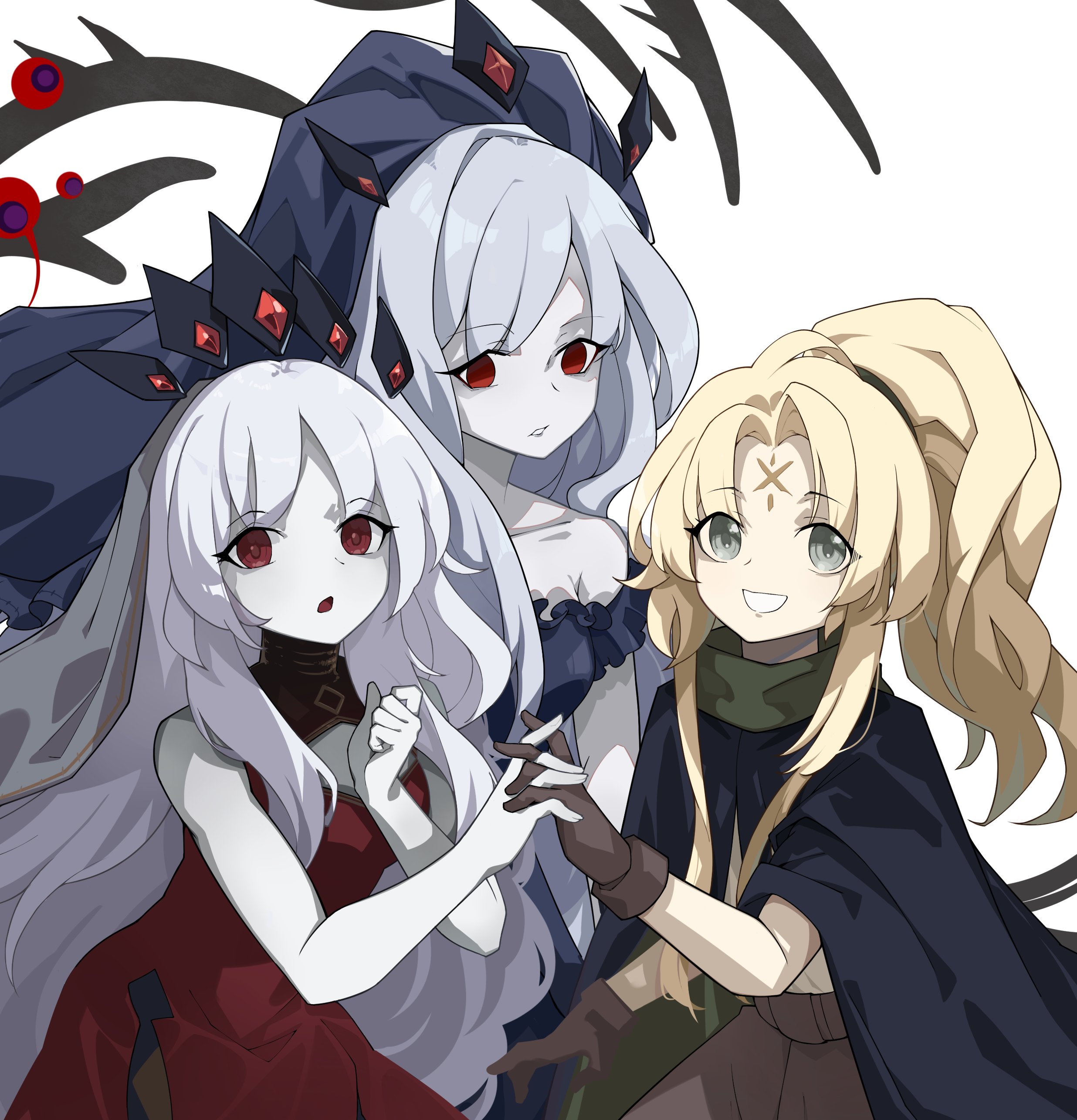 tierra misu, ecclesia (yu-gi-oh!), yu-gi-oh!, absurdres, character request, highres, 3girls, bare shoulders, black dress, blonde hair, blue cloak, breasts, brown gloves, cloak, cowboy shot, dress, duel monster, facial mark, forehead mark, gloves, grey eyes, grey hair, group picture, high ponytail, large breasts, multiple girls, multiple persona, ponytail, red dress, red eyes, simple background, white background