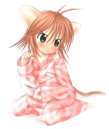 lowres, 1girl, ahoge, animal ears, barefoot, blush, brown hair, cat ears, child, female focus, flat chest, green eyes, long sleeves, pajamas, short hair, sleeves past wrists, solo