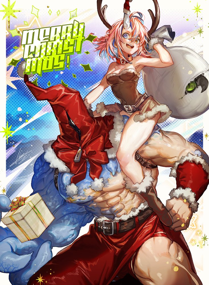 narita imomushi, commentary, 1boy, 1girl, abs, animal collar, antlers, arm up, armpits, bare shoulders, belt, belt buckle, black eyes, blue eyes, blue hair, boots, bow, bowtie, box, bracer, braid, breasts, brown belt, brown boots, brown gloves, brown leotard, brown skirt, buckle, christmas, cleavage, collar, colored sclera, creature, crystal, crystal horns, fake antlers, fang, fur-trimmed boots, fur-trimmed gloves, fur-trimmed hood, fur-trimmed skirt, fur trim, gift, gift box, gloves, green sclera, hair between eyes, hat, hat on horn, heterochromia, holding, holding gift, holding sack, hood, hood up, horns, killing me/killing you, large pectorals, leotard, looking at viewer, medium breasts, medium hair, merry christmas, miniskirt, mithia (killing me/killing you), muscular, muscular male, mutation, nipples, one-eyed, open mouth, orange eyes, pectorals, pink hair, pom pom (clothes), red bow, red bowtie, red collar, red hood, red shorts, red skirt, reindeer antlers, ribbon, sack, santa hat, shorts, shorts under skirt, showgirl skirt, side slit, single horn, sitting on shoulder, skirt, slit pupils, smile, standing, star (symbol), strapless, strapless leotard, teeth, thighs, torn sack, upper teeth only, veins, veiny arms, yaboyou, yellow ribbon, youthanasia (killing me/killing you), zipper, zipper pull tab
