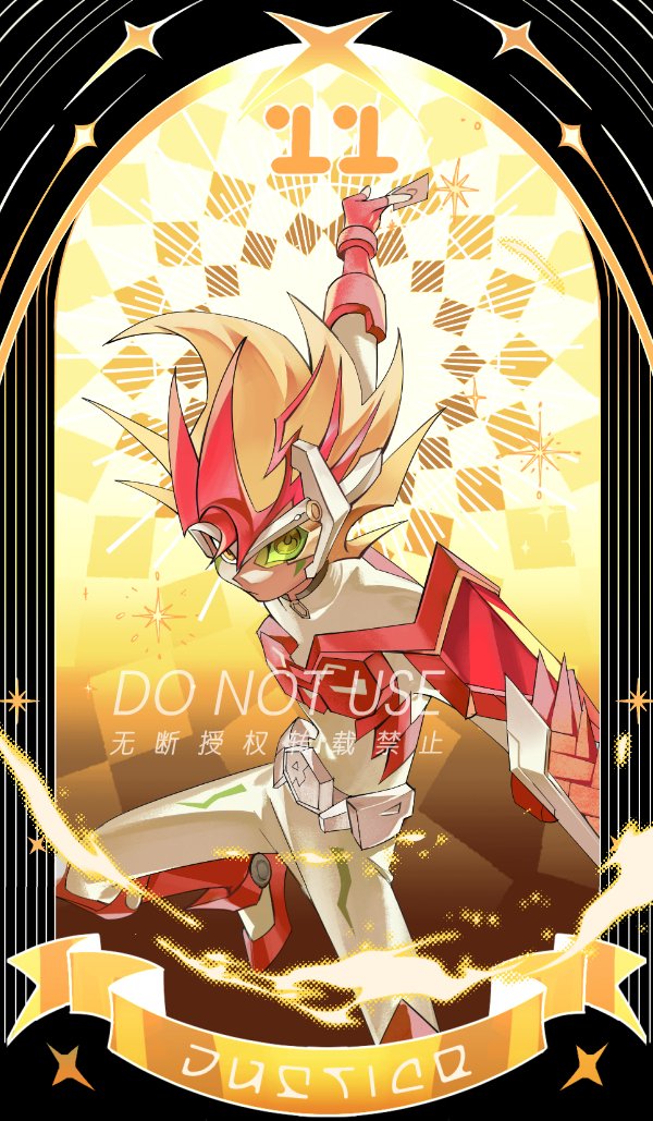 ssbaby, tsukumo yuma, yu-gi-oh!, yu-gi-oh! zexal, 1boy, armor, blonde hair, card, cowboy shot, holding, holding card, pants, red armor, red hair, scouter, shirt, solo, white pants, white shirt, yellow background