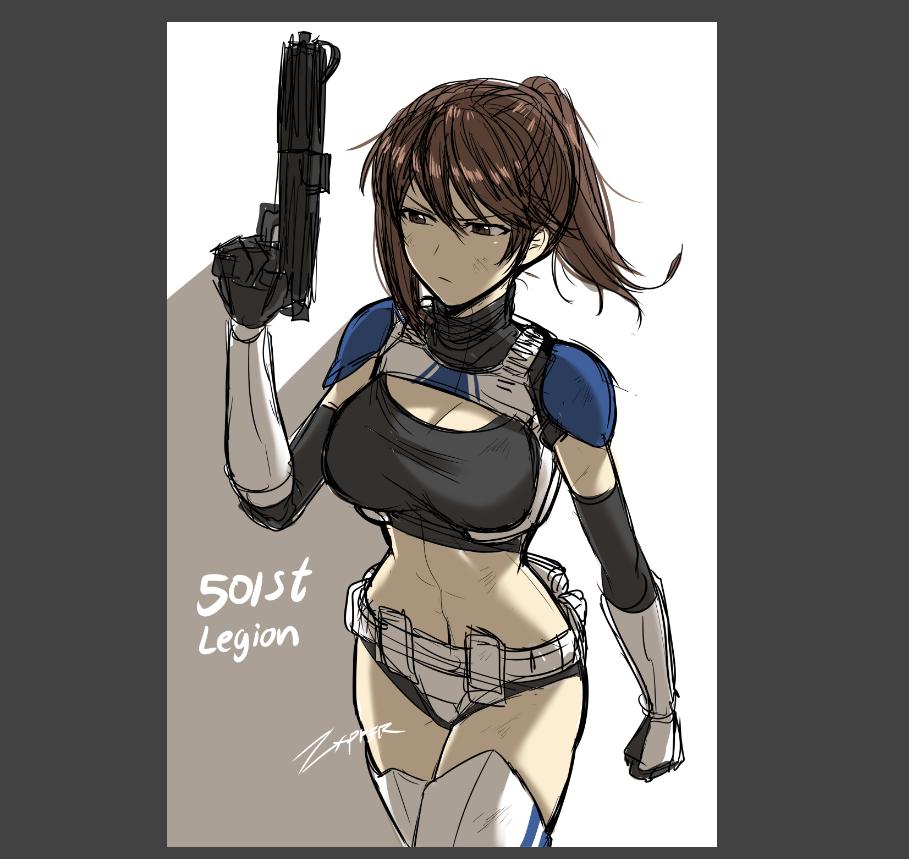 zxpfer, clone trooper, star wars, star wars: the clone wars, 1girl, 501st legion, armor, belt, bikini armor, black eyes, black tank top, breasts, brown hair, cleavage, dirty, dirty face, gauntlets, genderswap, genderswap (mtf), gun, holding, holding gun, holding weapon, midriff, ponytail, shadow, signature, single sidelock, sketch, tank top, thighs, weapon, white background
