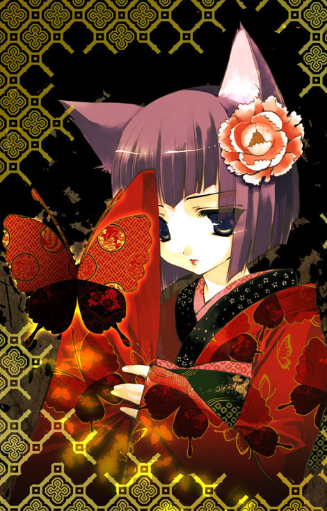 animal ears, bug, butterfly, cat ears, flower, japanese clothes, kimono, purple hair, short hair, yellow eyes