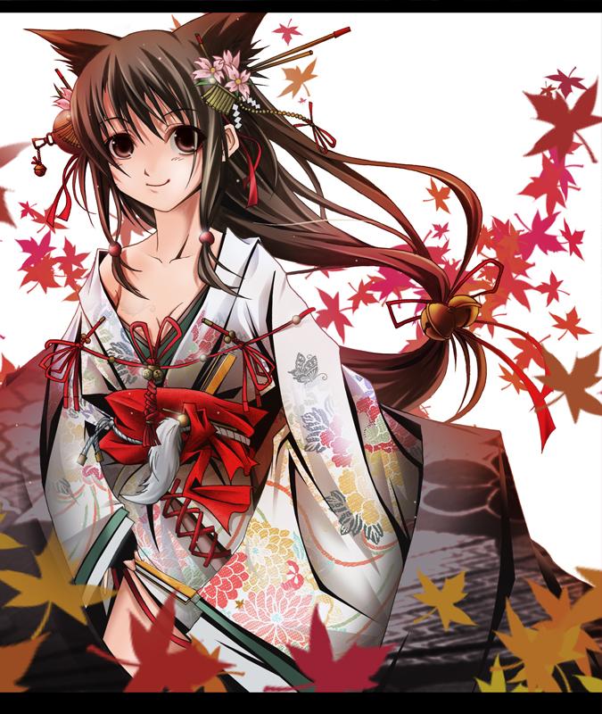 animal ears, bell, bow, brown hair, cat ears, japanese clothes, kimono, long hair, ponytail