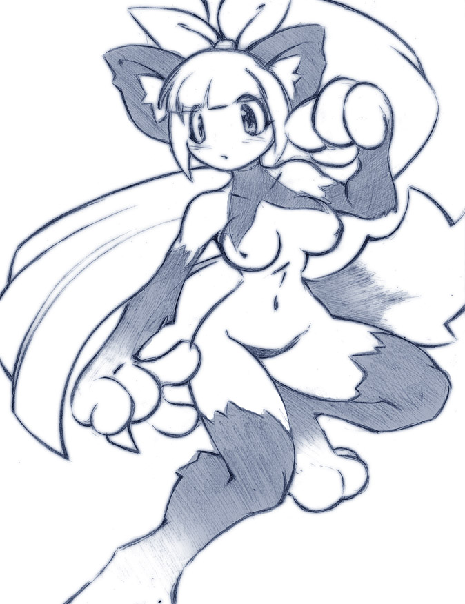 nekomata (disgaea), disgaea, animal ears, blush, breasts, cat ears, long hair, monochrome, nekomata, nude, ponytail, thighhighs