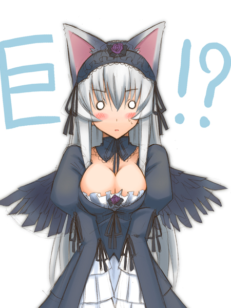 suigintou, rozen maiden, 00s, animal ears, blush, bow, cat ears, doll, dress, gothic lolita, grey hair, lolita fashion, long hair, mercury lampe, white hair, wings