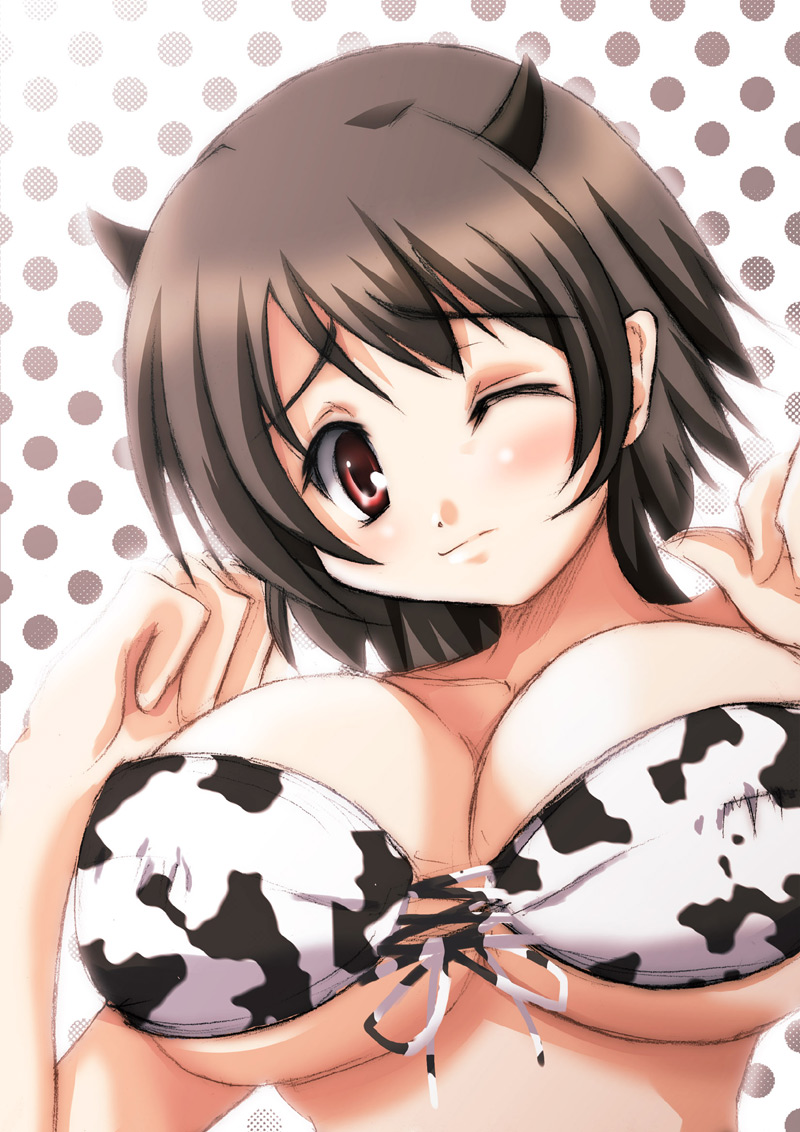 1girl, animal ears, animal print, bikini, blush, breasts, brown hair, cleavage, cow ears, cow girl, cow print, female focus, horns, large breasts, one eye closed, red eyes, short hair, solo, swimsuit, underboob, wink