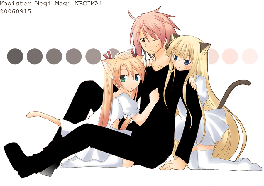 evangeline a.k. mcdowell, kagurazaka asuna, nagi springfield, thousand master, mahou sensei negima!, 00s, animal ears, blonde hair, blue eyes, brown eyes, cat ears, dress, green eyes, kneehighs, long hair, pink hair, red hair, socks, thighhighs, twintails