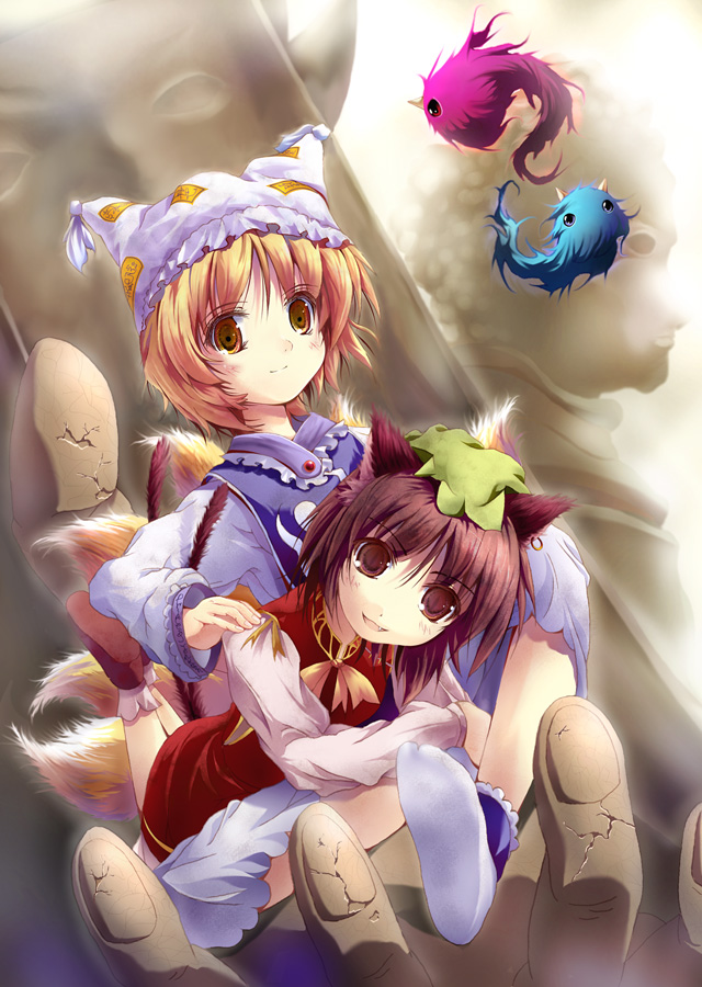 chen, yakumo ran, touhou, 2girls, animal ears, blonde hair, brown eyes, brown hair, cat ears, cat girl, dress, female focus, fox ears, game, hat, lilyran, multiple girls, nekomata, short hair, yellow eyes