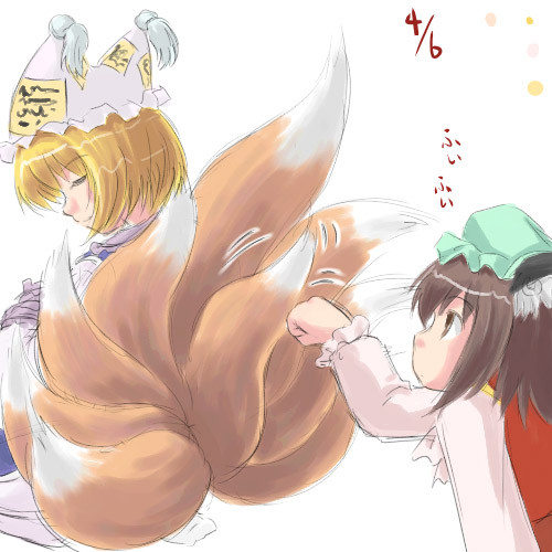 chen, yakumo ran, touhou, lowres, 2girls, animal ears, blonde hair, brown eyes, brown hair, cat ears, cat girl, female focus, fox ears, game, hat, lilyran, multiple girls, nekomata, short hair, white background