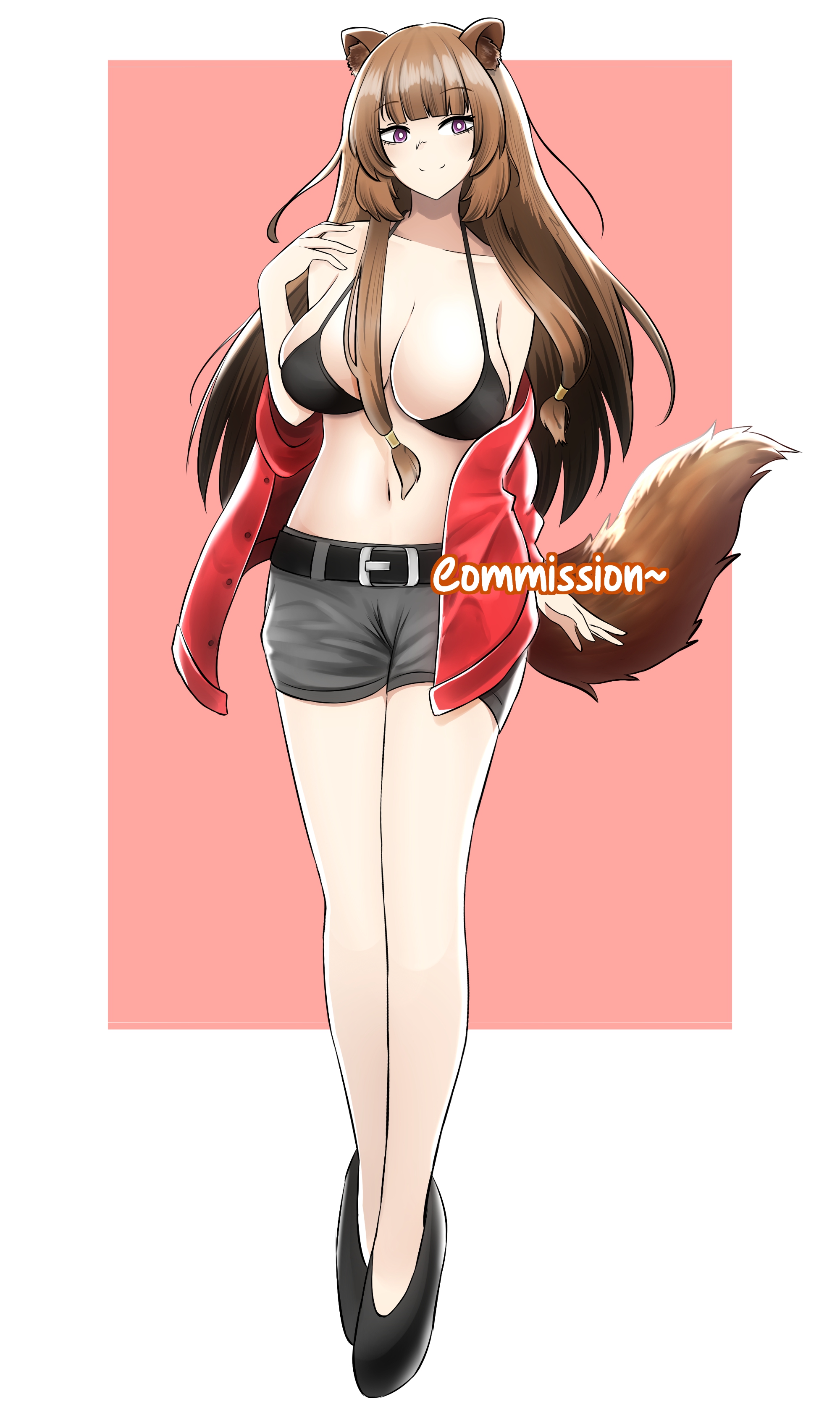 nikasubsia, raphtalia, tate no yuusha no nariagari, absurdres, commentary, commission, english commentary, highres, 1girl, alternate costume, animal ear fluff, animal ears, bare shoulders, belt, black belt, black boots, black bra, blunt bangs, boots, border, bra, breasts, brown hair, cleavage, closed mouth, collarbone, eyelashes, grey shorts, hand up, jacket, large breasts, long hair, long legs, looking at viewer, metal hair tubes, navel, off shoulder, open clothes, open jacket, outside border, pink background, pink eyes, raccoon ears, raccoon girl, raccoon tail, red jacket, short shorts, shorts, smile, solo, stomach, straight-on, tail, tomboy, underwear, white border