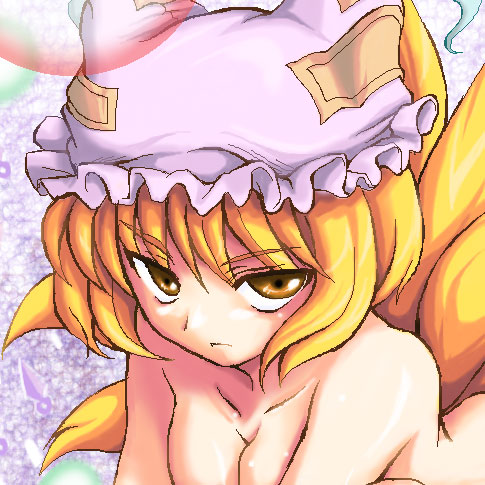 yakumo ran, touhou, lowres, 1girl, animal ears, blonde hair, breasts, female focus, fox ears, game, hat, lilyran, nude, short hair, solo, yellow eyes