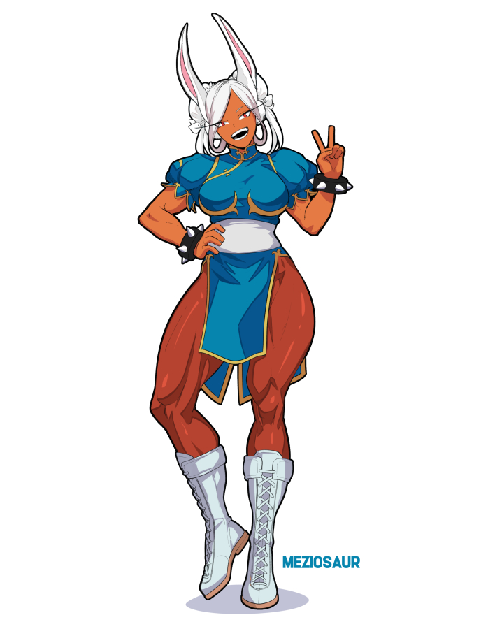 meziosaur, chun-li, mirko, boku no hero academia, capcom, street fighter, commentary, english commentary, 1girl, :d, alternate hairstyle, animal ears, artist name, blue dress, boots, bracelet, breasts, brown pantyhose, china dress, chinese clothes, chun-li (cosplay), cosplay, dark-skinned female, dark skin, double bun, dress, full body, hair bun, hand on own hip, hand up, jewelry, large breasts, long eyelashes, long hair, looking at viewer, open mouth, pantyhose, parted bangs, pelvic curtain, puffy short sleeves, puffy sleeves, rabbit ears, rabbit girl, red eyes, sash, short sleeves, simple background, smile, solo, spiked bracelet, spikes, thick thighs, thighs, toned, toned female, v, white background, white boots, white hair, white sash