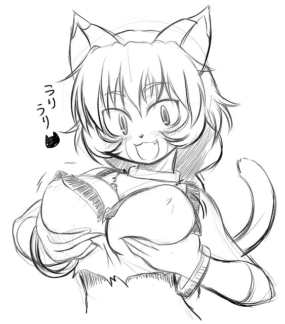 tabby (.hack//), .hack//, .hack//roots, bandai, cyber connect 2, translation request, 00s, 1girl, :3, animal ears, breasts, cat ears, cat tail, fang, female focus, grabbing another's breast, greyscale, groping, large breasts, monochrome, short hair, solo, tail