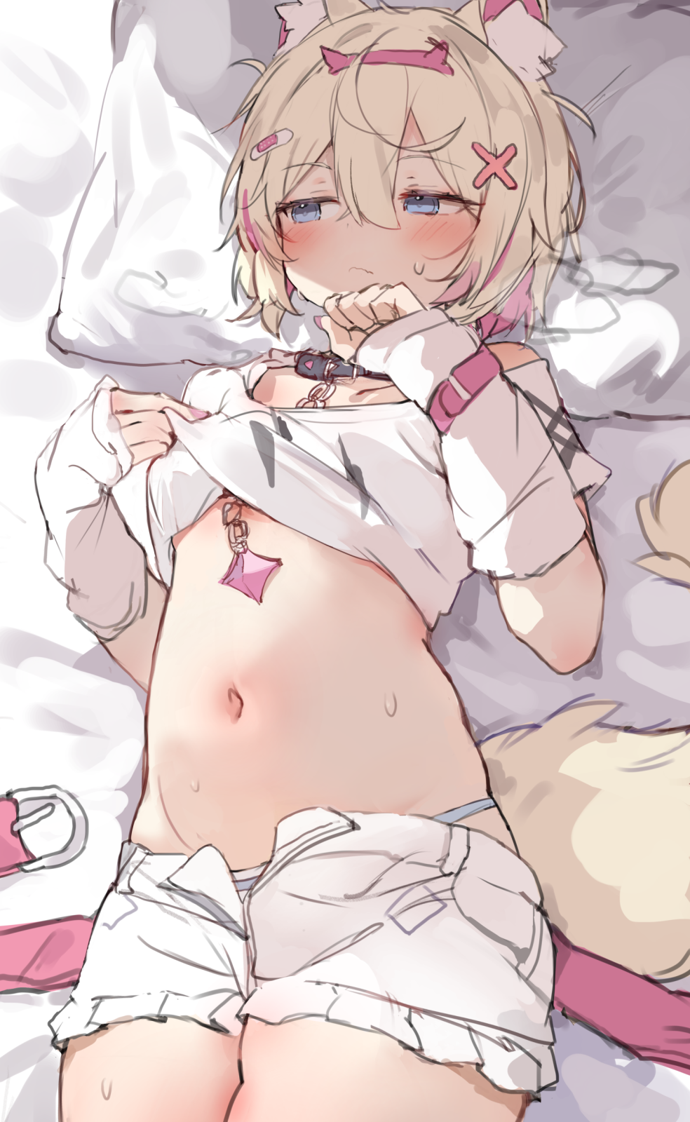 orobou, mococo abyssgard, hololive, hololive english, highres, 1girl, animal ear fluff, animal ears, blonde hair, blue eyes, clothes lift, colored inner hair, dog ears, dog tail, hair ornament, lifting own clothes, lying, multicolored hair, navel, on back, on bed, shirt lift, short hair, shorts, solo, stomach, tail, virtual youtuber, white shorts, x hair ornament