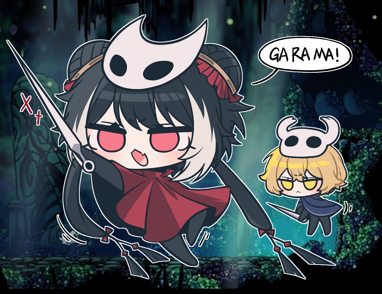 matiyan923, hornet (hollow knight), jia xichun (project moon), knight (hollow knight), sinclair (project moon), hollow knight, limbus company, project moon, commentary request, korean commentary, 1boy, 1girl, black hair, blonde hair, chibi, chibi only, cloak, closed mouth, cosplay, double bun, english text, fang, grey cloak, hair bun, hornet (hollow knight) (cosplay), knight (hollow knight) (cosplay), long hair, mask, mask on head, multicolored hair, nail (hollow knight), needle (hollow knight), open mouth, pink eyes, red cloak, short hair, skin fang, speech bubble, streaked hair, twintails, white mask, white streaks, yellow eyes