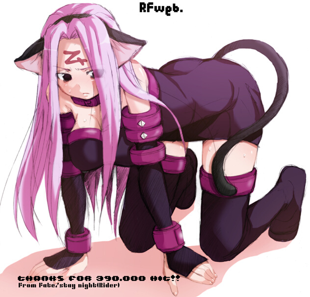 medusa (fate), medusa (rider) (fate), fate/stay night, fate (series), 00s, animal ears, black eyes, blush, cat ears, collar, dress, gloves, long hair, purple hair, thighhighs