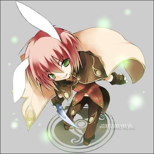 wizard (ragnarok online), ragnarok online, bunny girl, lowres, animal ears, cape, dagger, from above, game, gloves, green eyes, knife, pink hair, rabbit ears, short hair, solo, sword, tongue, weapon, wizard