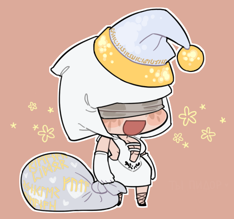 ryouhiko ankuu, e.y.e: divine cybermancy, commentary, english commentary, 1girl, black shoes, blindfold, border, breasts, chibi, christmas, circe (e.y.e: divine cybermancy), cleavage, covered eyes, dress, flower symbol, gift bag, hat, holding, holding sack, hooded dress, medium breasts, meme, open mouth, padoru (meme), plunging neckline, sack, santa hat, shoes, simple background, smile, solo, tear stain, tears, white border, white dress, white hood