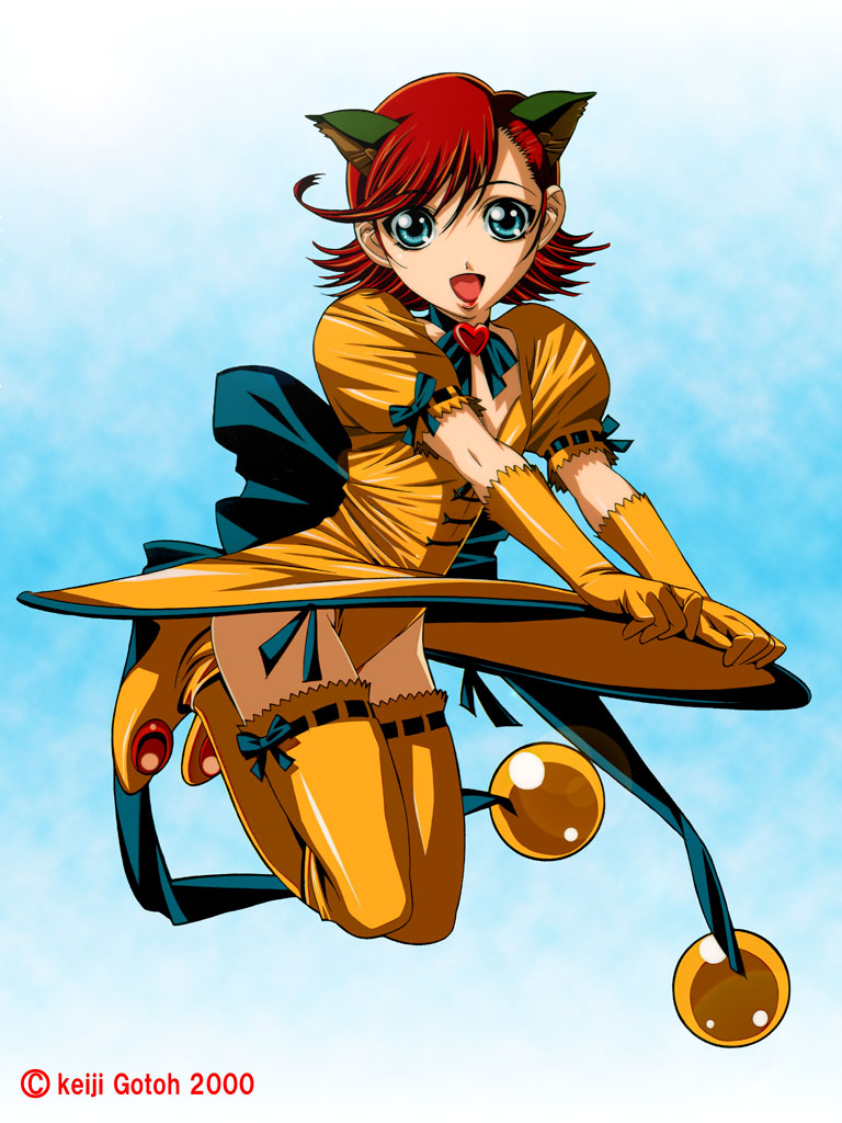 gotou keiji, animal ears, blue eyes, bow, cat ears, dress, gloves, red hair, short hair, thighhighs