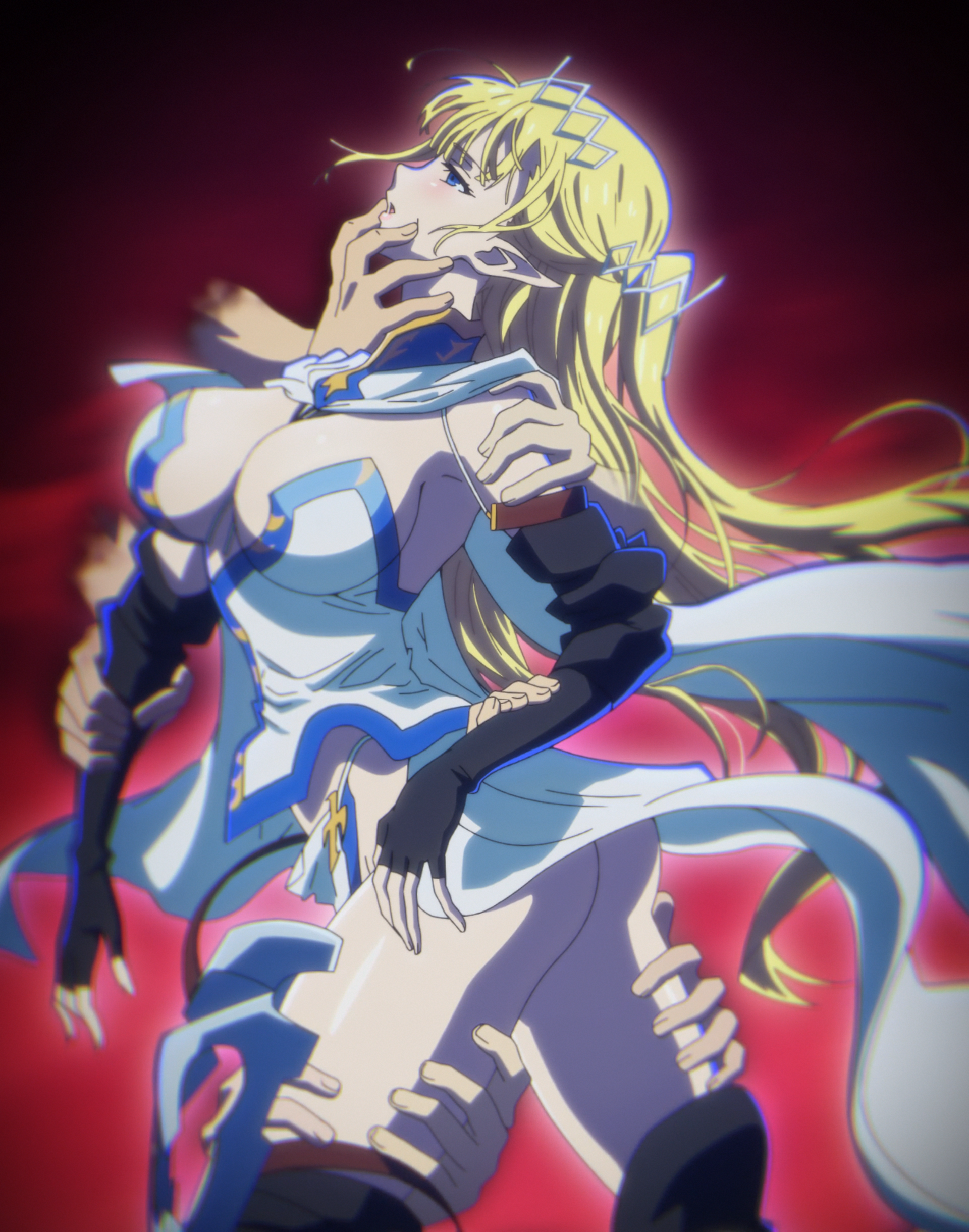 seras ashrain, hazurewaku no joutai ijou skill de saikyou ni natta ore ga subete wo juurin suru made, absurdres, anime screenshot, highres, stitched, third-party edit, 1girl, armpits, ass, black gloves, blonde hair, blue eyes, blush, breasts, capelet, cleavage, dress, elbow gloves, elf, female focus, fingernails, gloves, grope from behind, groping, hand on another's chin, hand on another's leg, hand on another's shoulder, hand on another's thigh, hand on own arm, huge breasts, imminent gangbang, imminent rape, large breasts, legs, long earlobes, long glove, long hair, no bra, no panties, open mouth, pointy ears, sexual harassment, sexually suggestive, sharp fingernails, solo, solo focus, thighs, very long hair, weapon, white capelet, white dress
