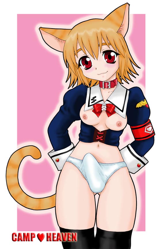 shinozaki rei, 1futa, animal ears, blush, breasts, bulge, camp heaven, cat ears, collar, futanari, nipples, panties, penis, red eyes, red hair, short hair, solo, thighhighs, underwear