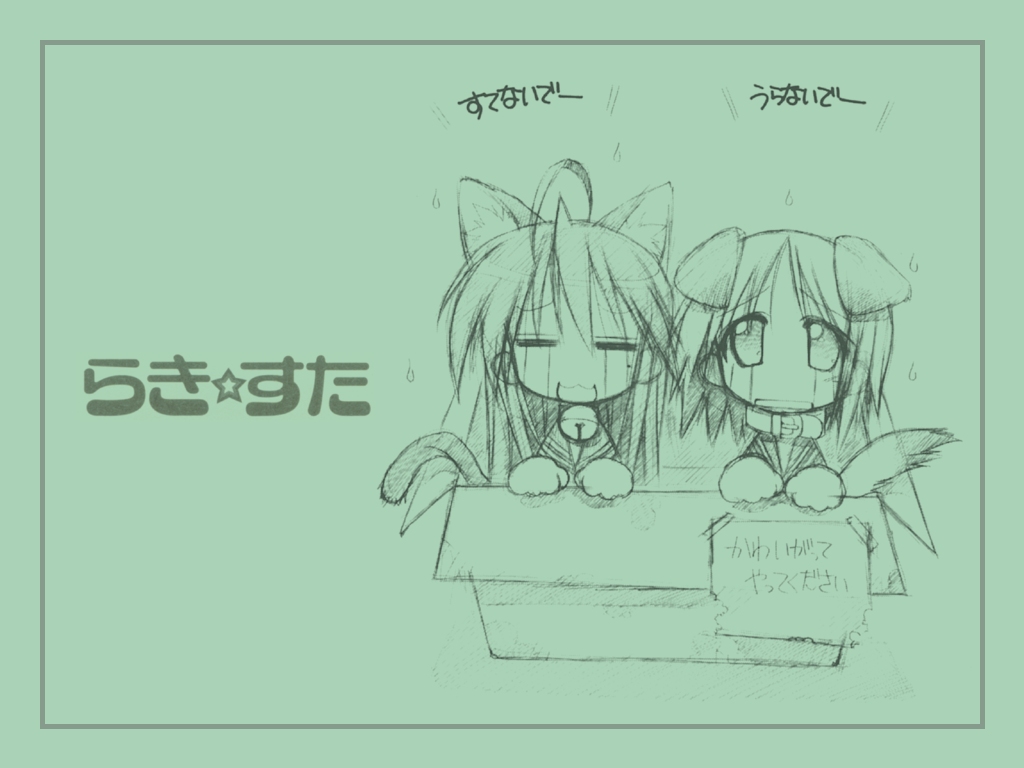 hiiragi tsukasa, izumi konata, lucky star, translation request, 00s, :3, ahoge, animal ears, bell, box, cat ears, collar, dog ears, long hair, school uniform, serafuku, short hair, tears