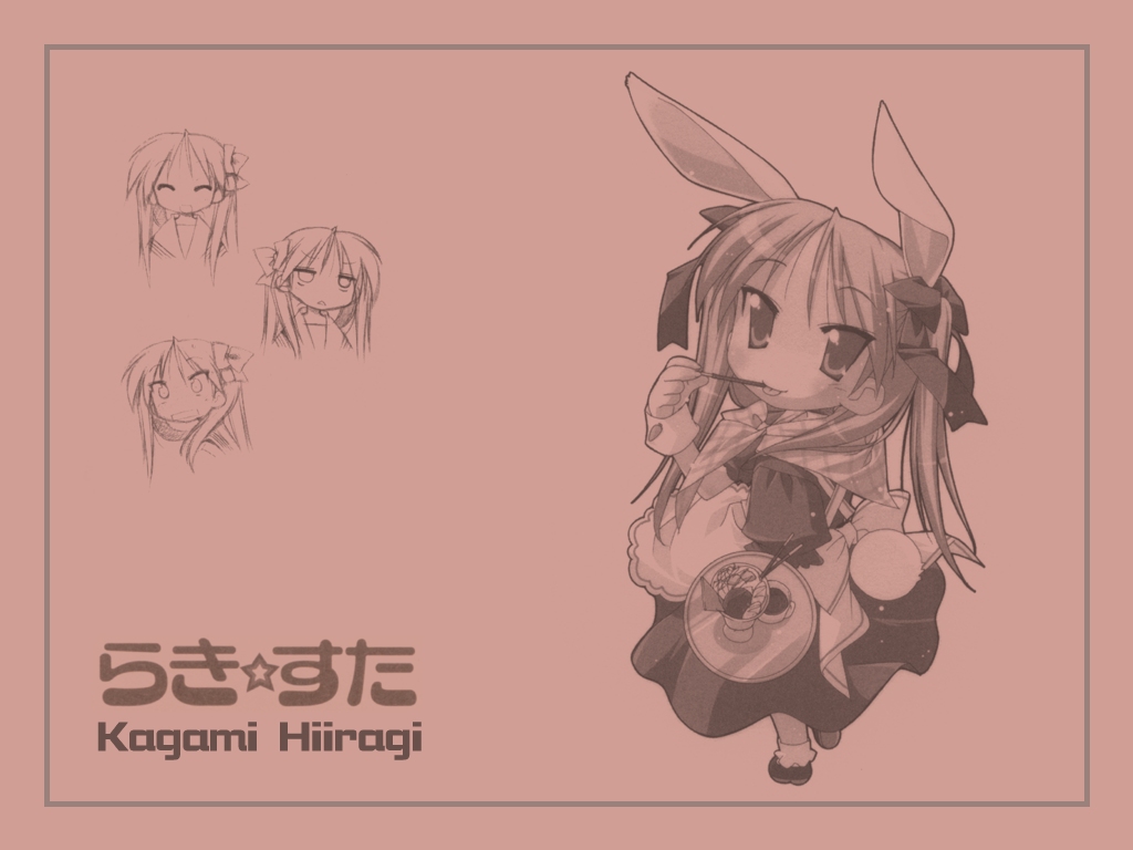 hiiragi kagami, usada hikaru, di gi charat, lucky star, animal ears, bow, cosplay, food, pocky, rabbit ears, rabi~en~rose, twintails, waitress